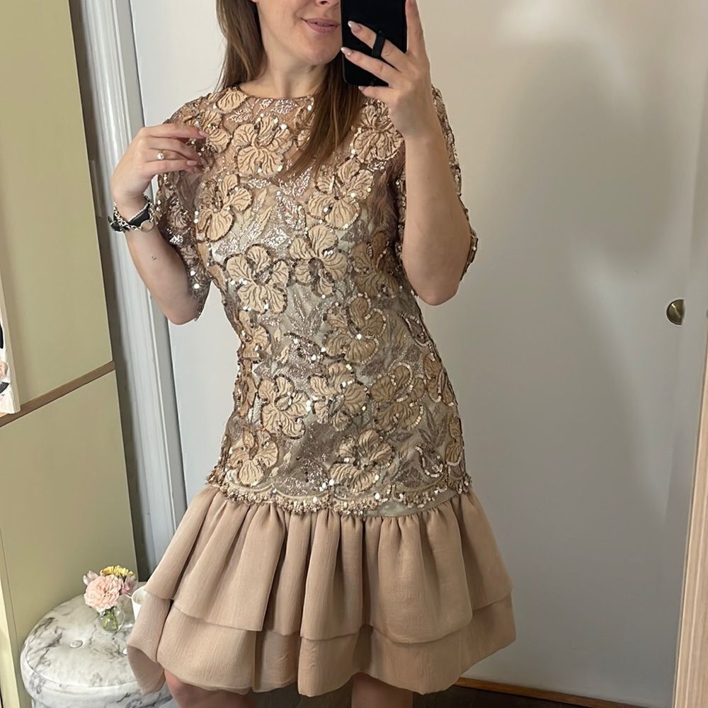 Christian Dior De Robes Du Soir Runway Vintage 80s Lace Champagne Sequin Dress